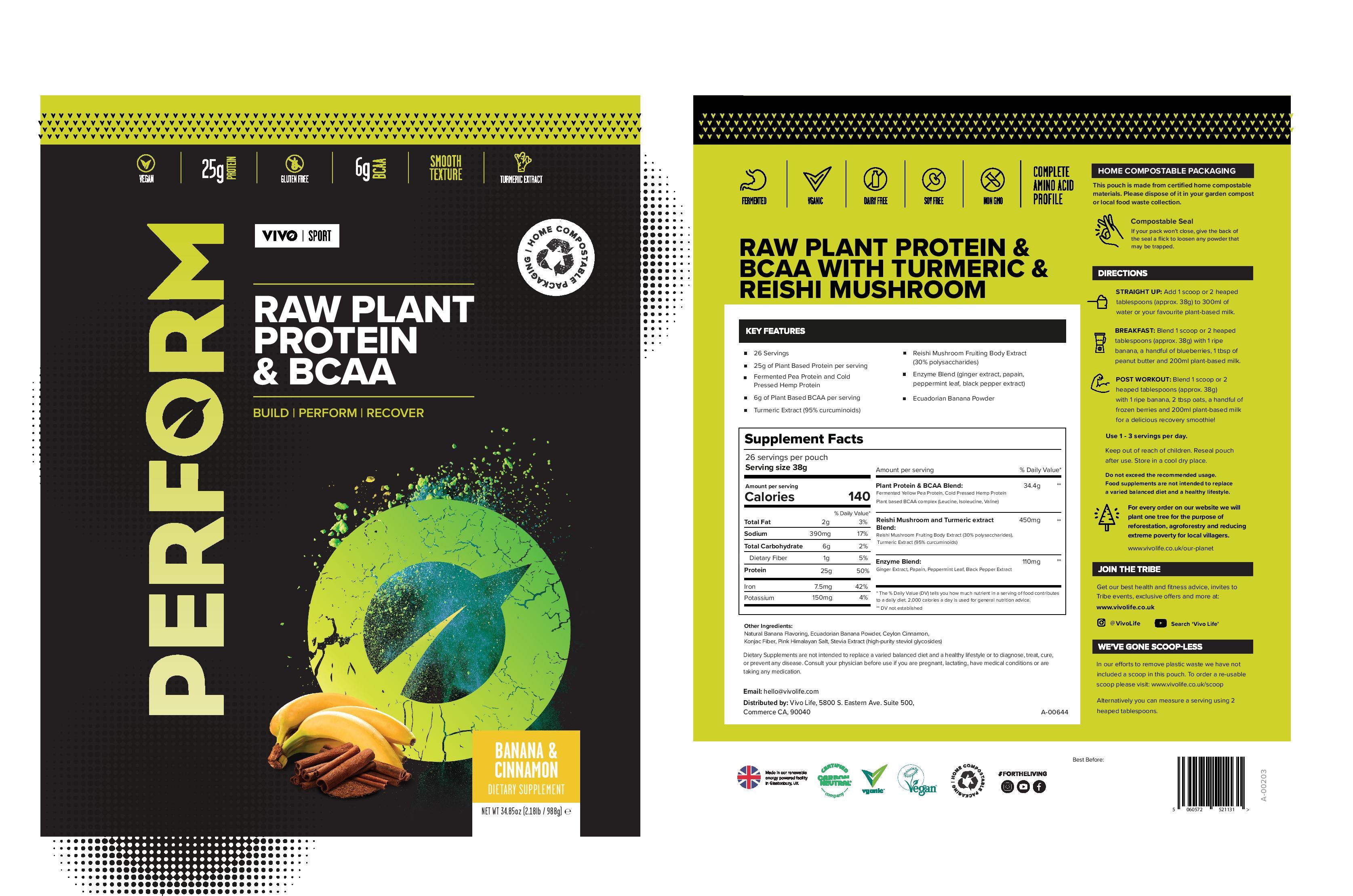 Proteína vegetal cruda y BCAA en polvo Vivo Perform 988 g - Vivo Life España